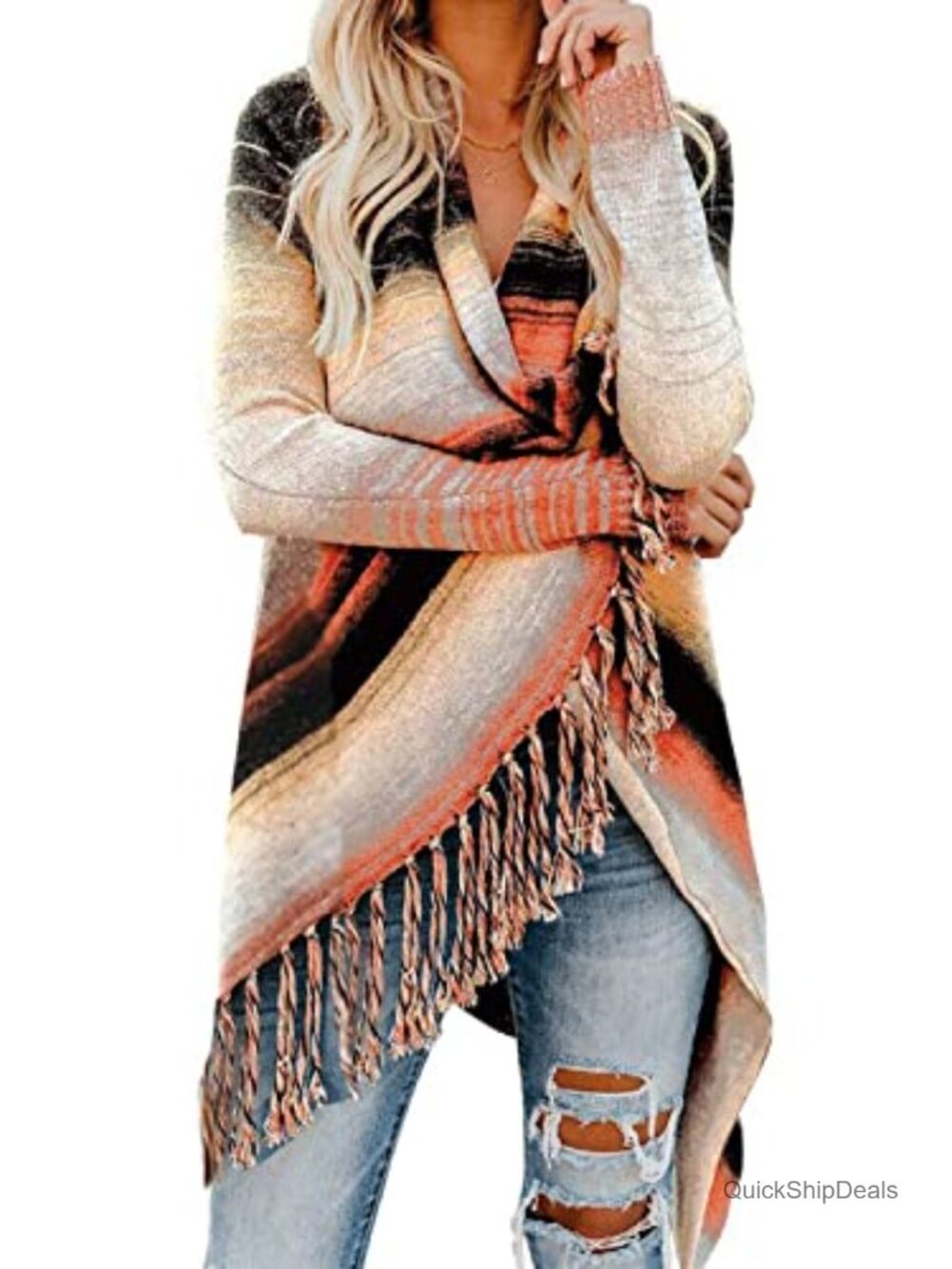 Women's Open Front Knitted Tassel Fringe Loose Cardigan Sweater
